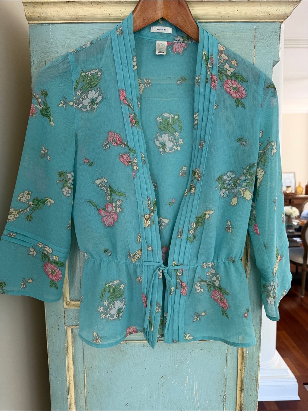 Old Navy Floral Chiffon Tie Front Kimono Cardigan Top Aqua Cottagecore Blouse XS